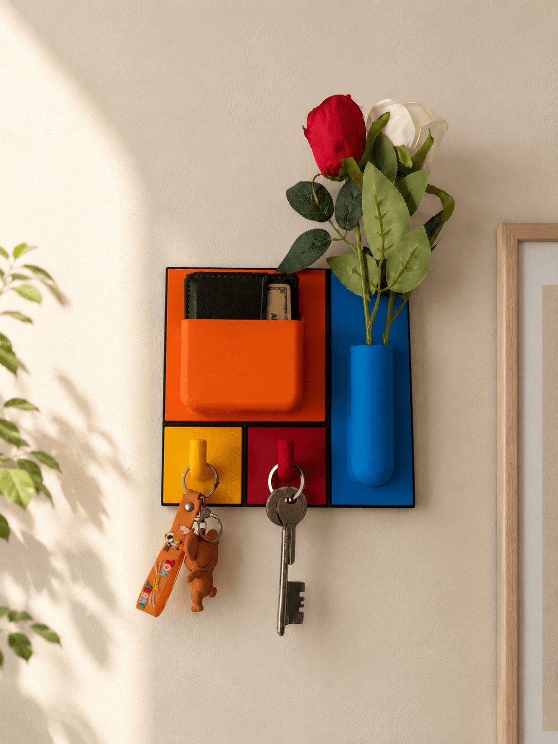 Modern Wall Organizer with Vase & Key Hooks
